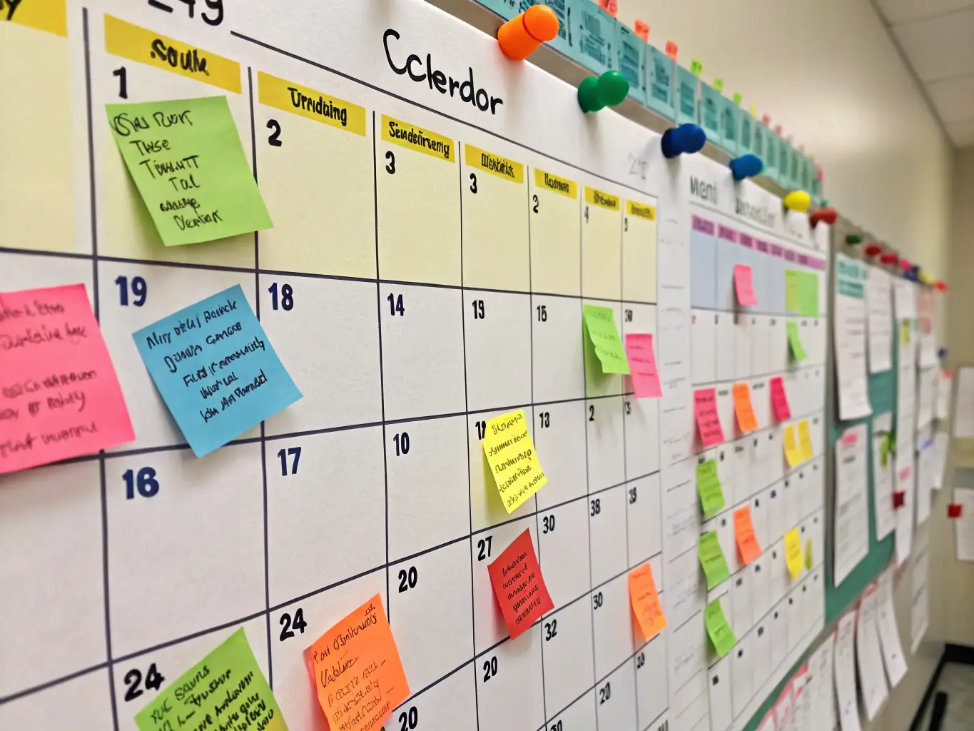 A calendar highlighting important dates, such as application deadlines and open house events, placed on a school notice board.