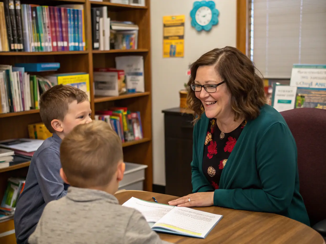 A friendly school administrator assisting a parent with the enrollment process in a well-lit office. The image should convey a sense of helpfulness and approachability.