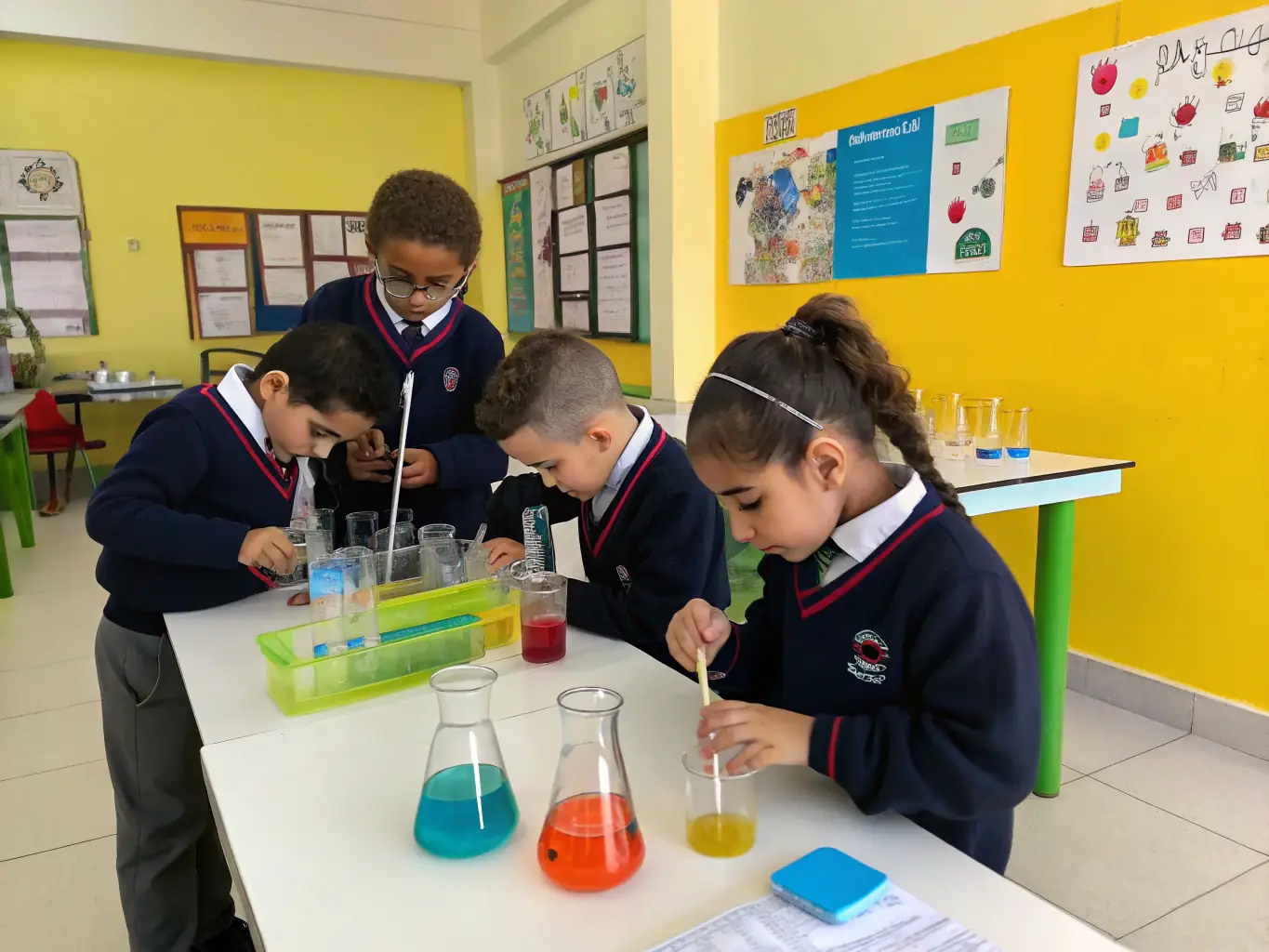 A group of students in Prospect Primary School's uniform participating in a science experiment in a well-equipped laboratory. The image should highlight the school's commitment to hands-on learning.